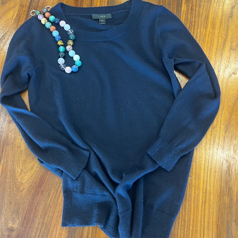 J. Crew Merino Wool Tippi 3/4 Sleeve Crew Neck Sweater Petite, XS, Navy Blue